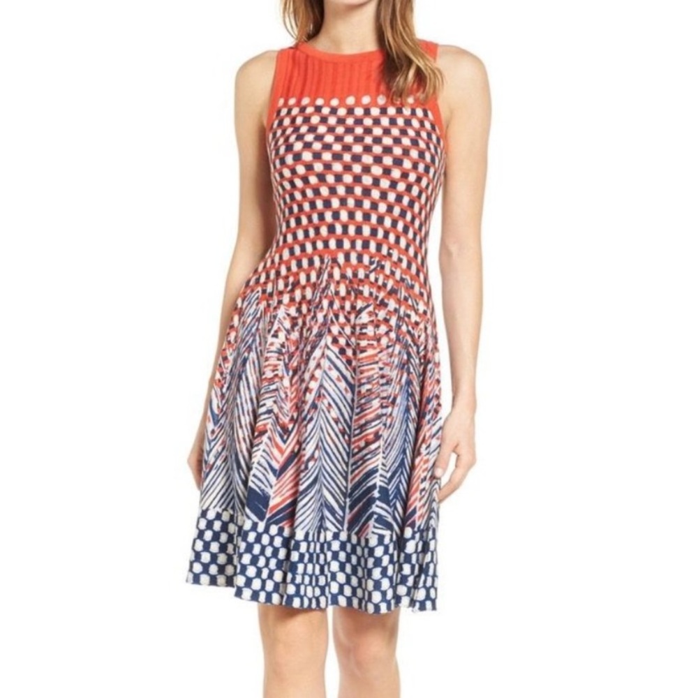 Nic and Zoe hand printed fit and flair sleeveless dress dots and chevrons NWT L